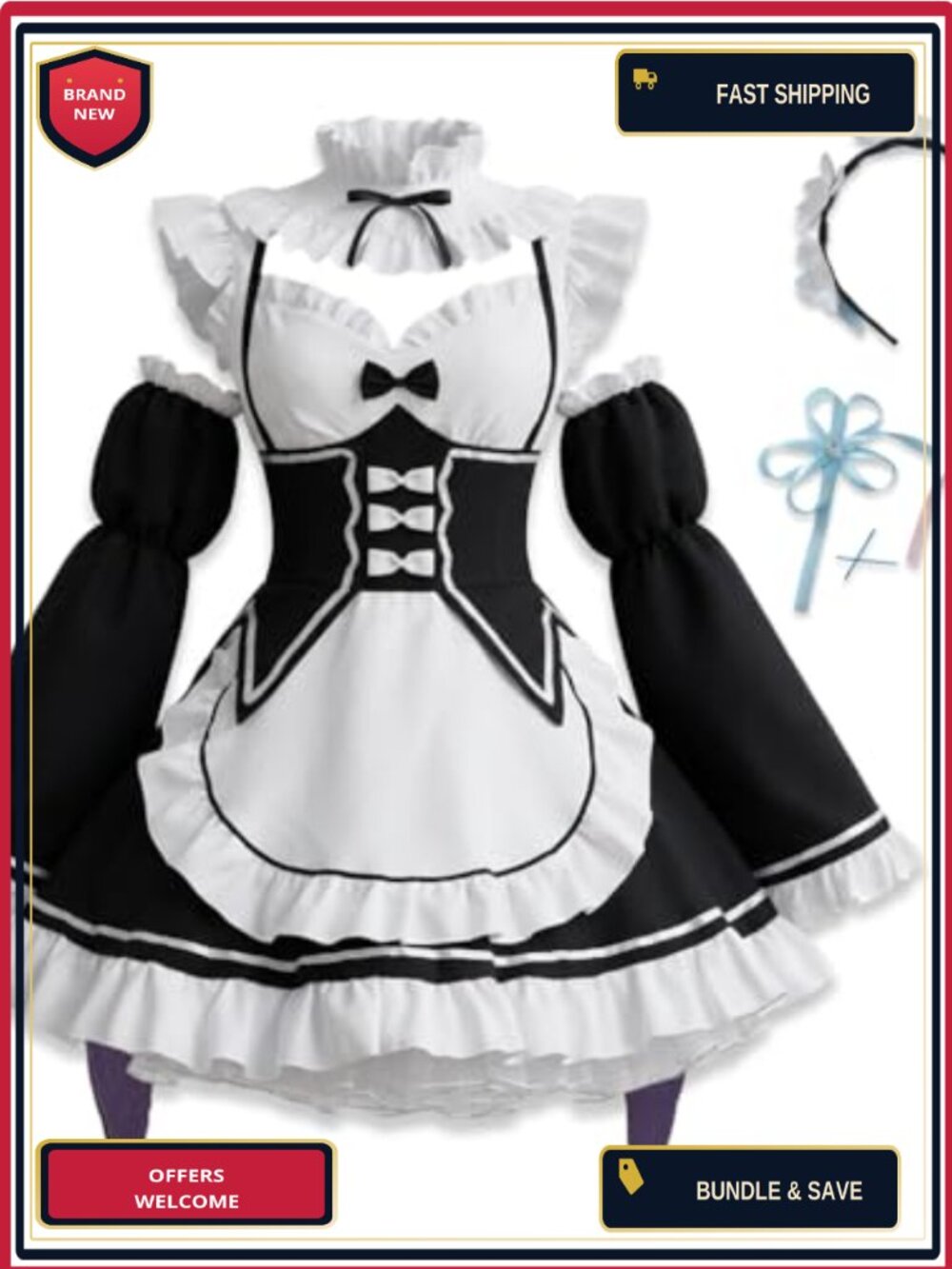 Maid Cosplay Dress With Socks Headwear Set